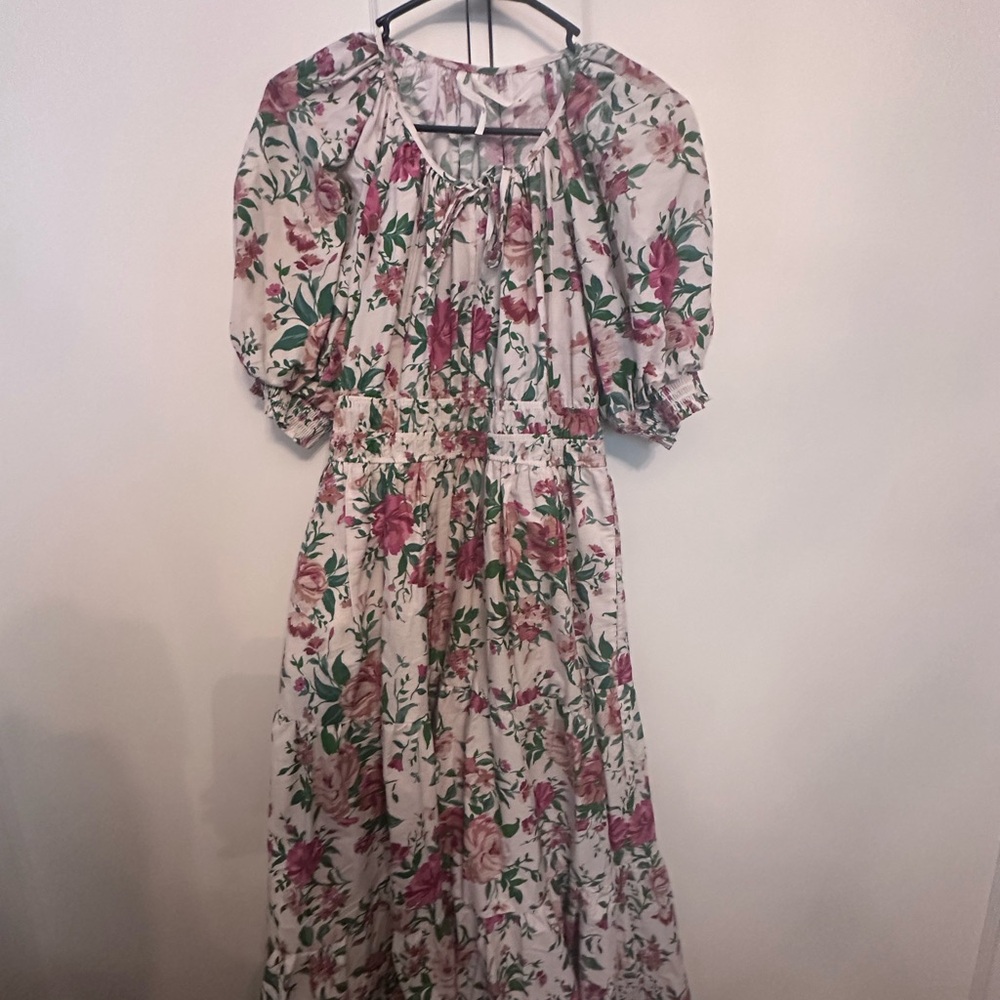 Anthropologie Cream Dress with Pink Floral and Green Leaves